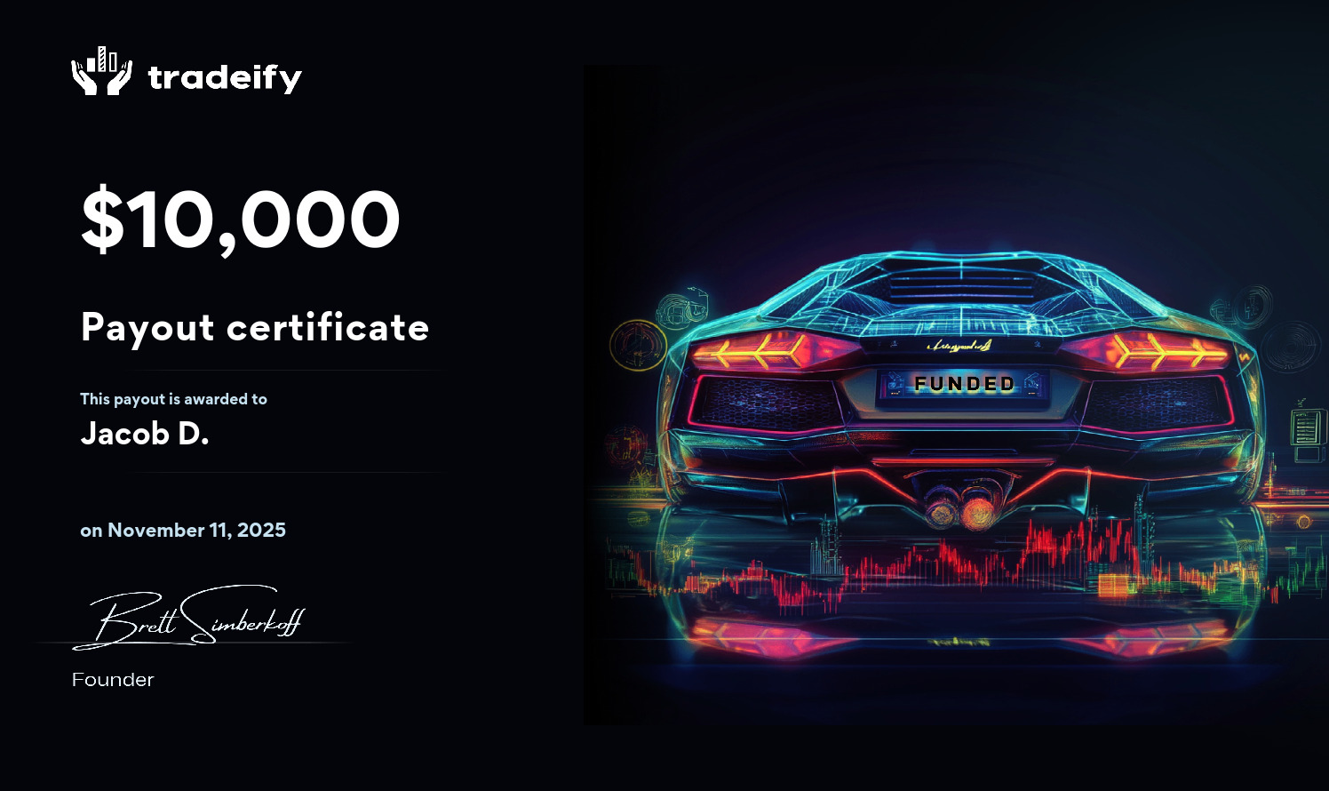 Tradeify $10,000 payout certificate — Jacob D., November 11, 2025